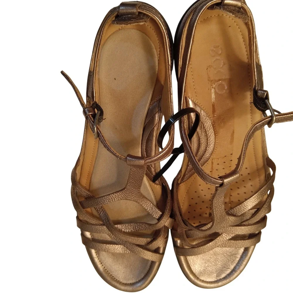 ECCO Felicia Womens Metallic Bronze TStrap Wedge Buckle Sandals Size 39 US 8-8.5